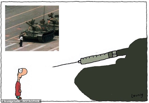 The cartoon that got Leunig fired depicted a lone man standing in front of a loaded syringe, referencing the iconic image of a protester in front of a tank in Beijing's Tiananmen Square in 1989.