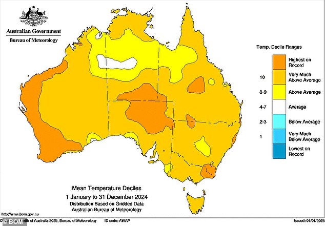 The highest temperature, 49.9 degrees Celsius, was recorded at Carnarvon Airport on February 18 (Photo: Average temperatures around Australia for 2024)