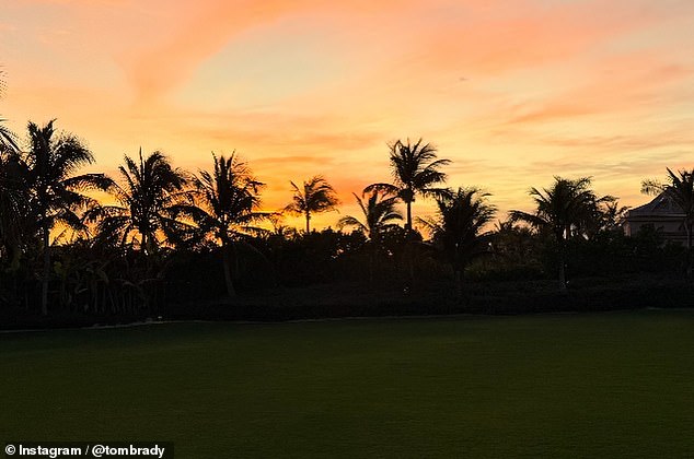 Tom uploaded a photo of the golf course lined by palm trees and a colorful sky at sunset