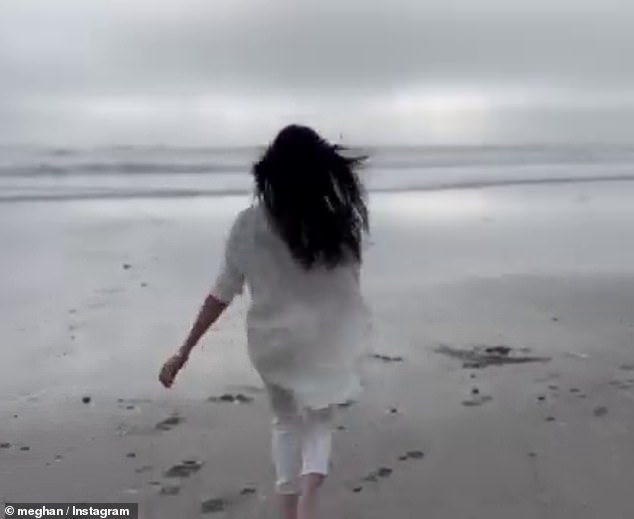 The Duchess of Sussex, 43, made her dramatic return to Instagram on Wednesday morning, uploading a short clip showing her frolicking on the beach in an all-white ensemble