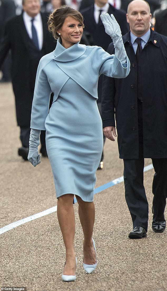 As for Melania Trump, it's perhaps not surprising that she hasn't managed to jump on this particular style bandwagon. She is pictured here at Donald Trump's inauguration in 2017, wearing a powder blue cashmere dress from Ralph Lauren.