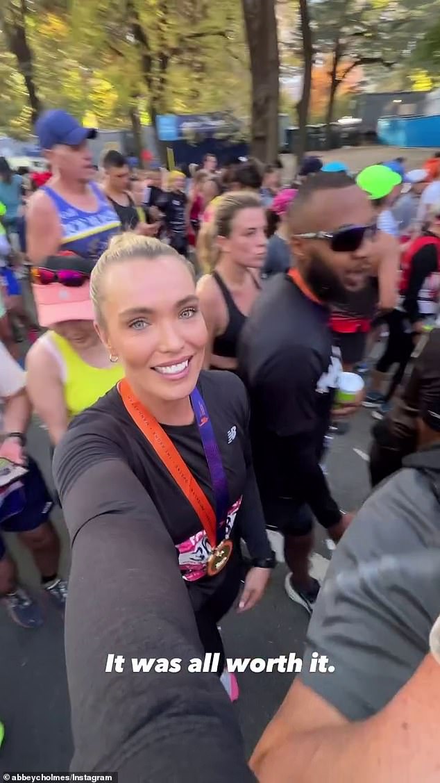 Abbey first shared the news with their family over Christmas, then revealed she discovered she was pregnant after running the New York Marathon (pictured) in November