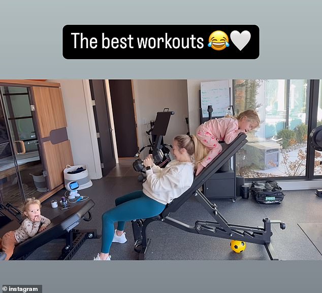 The wife of NFL star Patrick Mahomes shared a video on her Instagram Story of their daughter nearly sitting on her head while trying to complete an arm workout