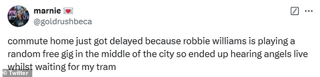 Fans in attendance quickly took to X (formerly Twitter) to share their experiences, with one person writing: 'Just saw Robbie Williams perform live. Impressive artist'