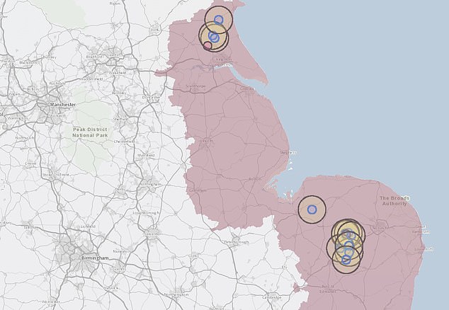 The blue rings on the map represent the 3 km protection zones and the yellow rings the 10 km surveillance zones. The shaded burgundy area represents an 'avian flu protection zone', where people with birds are asked to take measures to protect their flocks from wild birds that could carry the virus, by housing them in indoor enclosures if possible.