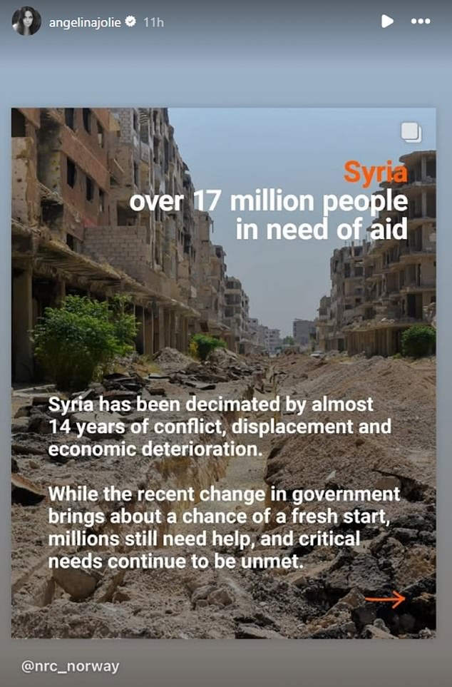 The Oscar-winning actress posted a photo of a country in ruins with a poignant message for her 15 million followers. The 49-year-old Maria actress spoke out about the massive massacre in Syria as she shifted the spotlight from her personal life to her humanitarian efforts