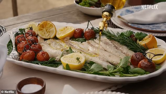 The Duchess also prepares a dish of white fish, combined with roasted tomatoes, lemons and herbs, including rosemary and basil, drizzled with olive oil