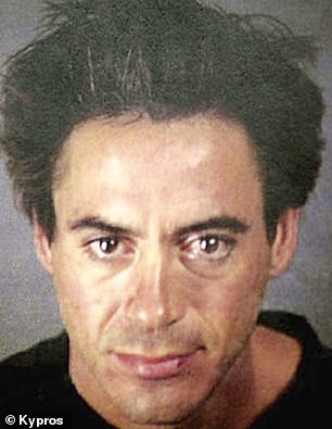 Pictured here is the mugshot of Robert Downey Jr. from 2000, shortly after he was jailed for drug possession