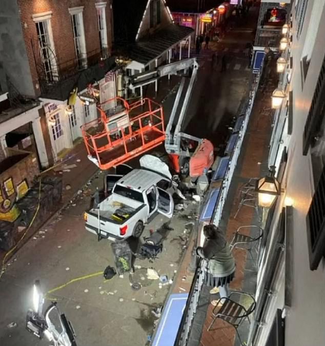 The white truck used in the attack can be seen from above. President Joe Biden confirmed that the suspect, 42-year-old Shamsud Din Jabbar, was inspired by ISIS to drive through a crowd on Bourbon Street, killing at least 15 on New Year's Day.