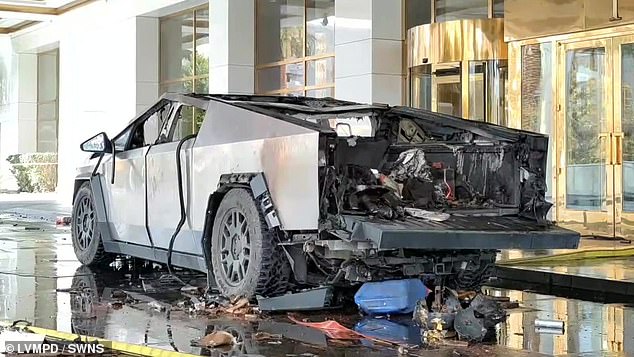 The Tesla Cybertruck outside the Trump Hotel in Las Vegas after it exploded on Wednesday