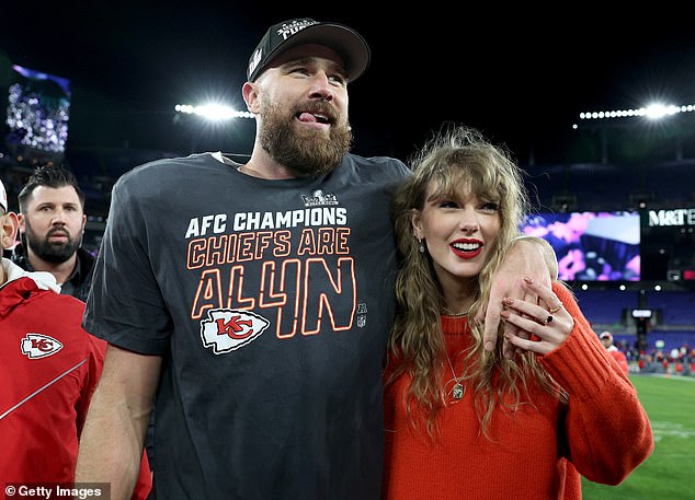 Taylor pictured at a Kansas City Chiefs game in January 2024 with her boyfriend Travis Kelce