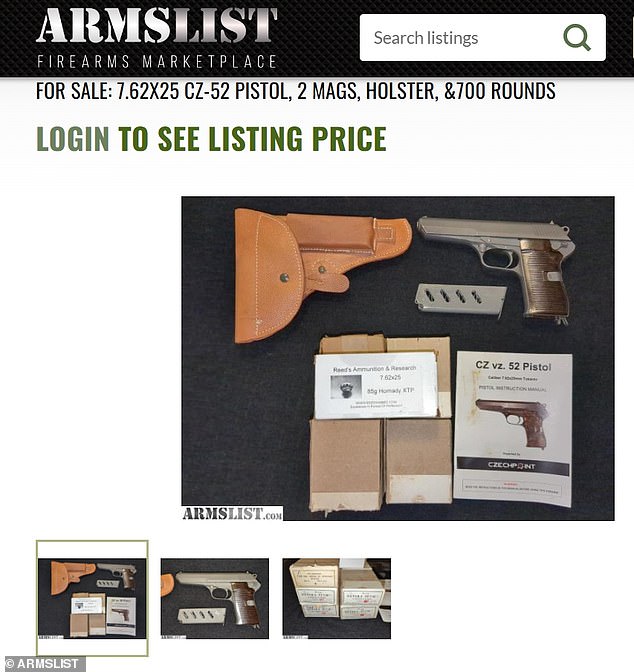 He also sold a CZ-52 pistol and 700 bullets for $399, according to his profile on the site