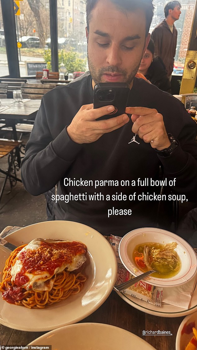 In another photo, Georgia was seen enjoying a lunch date with Richard and their pair about to have a 'chicken parma in a bowl of spaghetti and a side of chicken soup'.