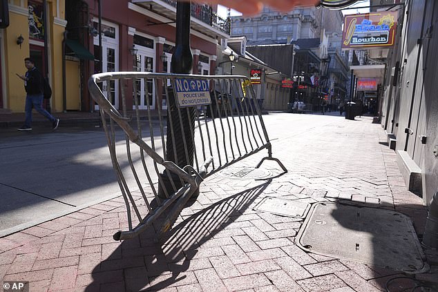 The barricade where a truck drove past a crowd on New Year's Day is to the side on Bourbon Street, Thursday, January 2, 2025 in New Orleans