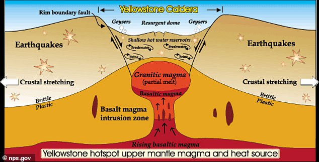 The Yellowstone Caldera is the 1,350 square kilometer crater in the west-central part of the park that formed when this volcano erupted cataclysmically about 640,000 years ago.