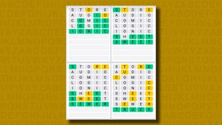 Quordle Daily Sequence answers for game 1075 on a yellow background