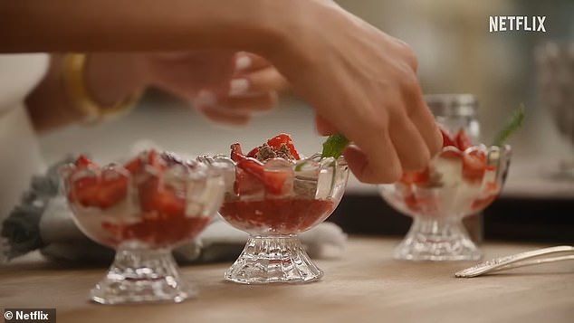 Meghan also served guests a dessert similar to Eton Mess, featuring strawberries, cream, mint and a berry coulis.