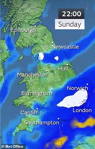 Met Office snow map, Sunday 10pm