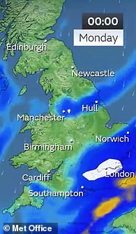 Met Office snow map, Monday 12am