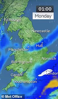 Snow map from Met Office, 1am Monday