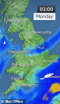 Snow map from Met Office, 2am Monday