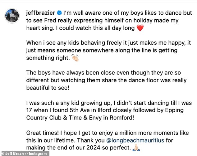 Jeff captioned the clip, “I know full well that one of my boys loves to dance, but seeing Fred really express himself over the holidays made my heart sing. I could look at this all day.”