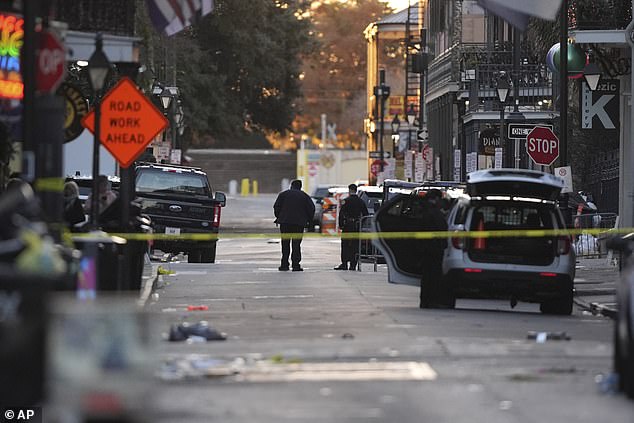 Emergency services respond to the scene after a vehicle crashed into a crowd on the New Orleans Grand Canal and Bourbon Street, Wednesday, January 1, 2025