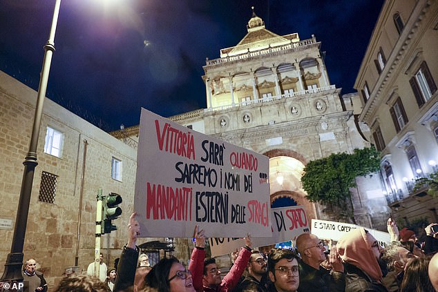 Anti-mafia protesters gather in Palermo in 2023 after mafia boss Matteo Messina Denaro was arrested after 30 years on the run