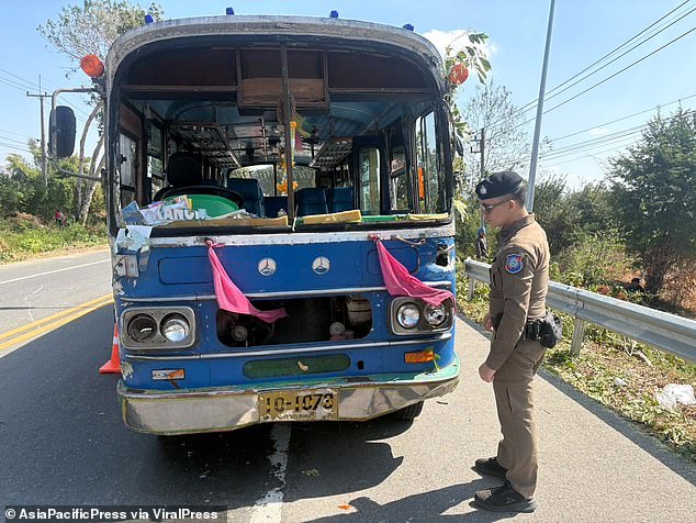 The windshield of the bus was completely destroyed