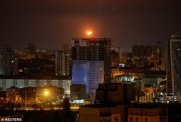 An explosion from a drone is seen in the sky over the city during a Russian drone strike, amid the Russian attack on Ukraine, in Kiev, Ukraine, January 3, 2025