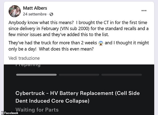 Matt Albers claimed to have received a text message about the recall in September, leaving him without his Cybertruck for more than two weeks while engineers waited for a new battery pack