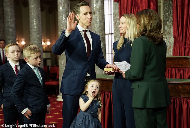 Harris will participate in a ceremonial swearing-in with GOP Sen. Josh Hawley and his family on Jan. 3