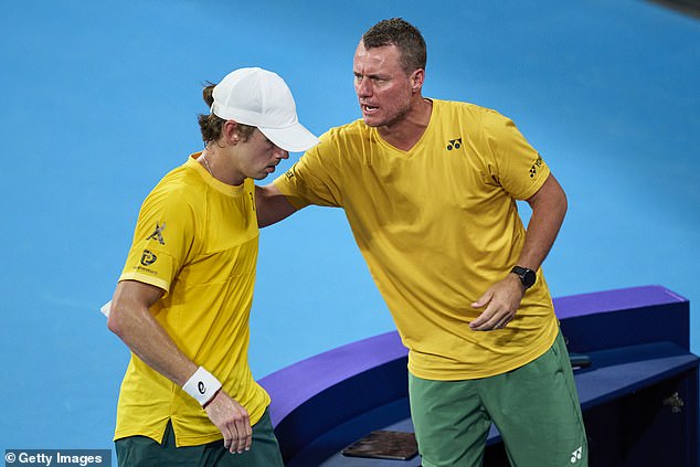 Australian tennis legend Lleyton Hewitt believes De Minaur is good enough to win a first grand slam on home soil (pictured together, at the United Cup)