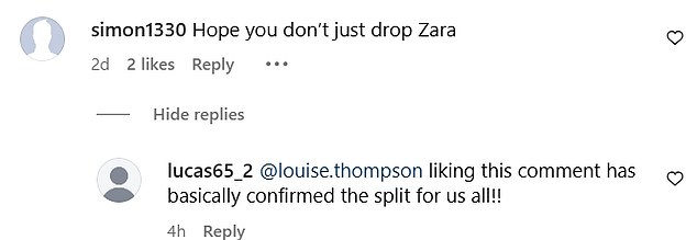 One fan took to the comments and asked Louise how she would move forward with her friendship with Zara. Louise seemed to make a defiant statement by liking the comment