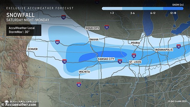 Snow could fall as far south as Oklahoma, and plowable accumulation will extend 1,000 miles from central Nebraska to Ohio through early Monday.