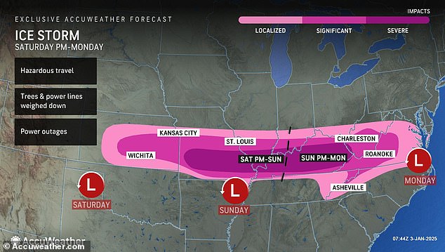 The ice risk from this storm will also be significant and impact a wide area from Wichita, Kansas to Roanoke, Virginia.