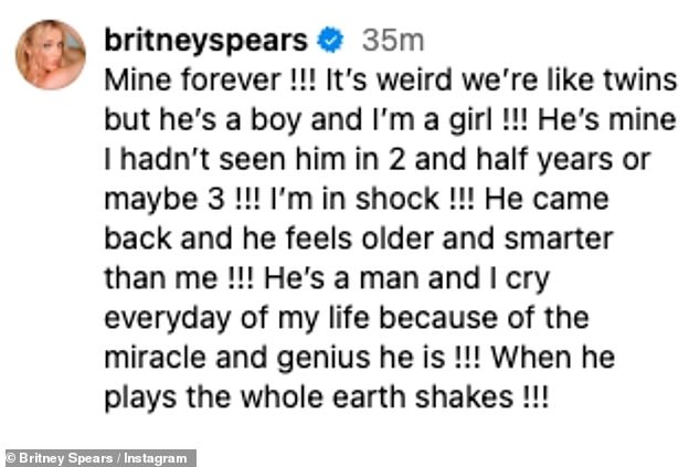 The Toxic hitmaker expressed her gratitude and 'shock' over their recent reunion in her caption, after not seeing him in over '2 and a half years or maybe 3'