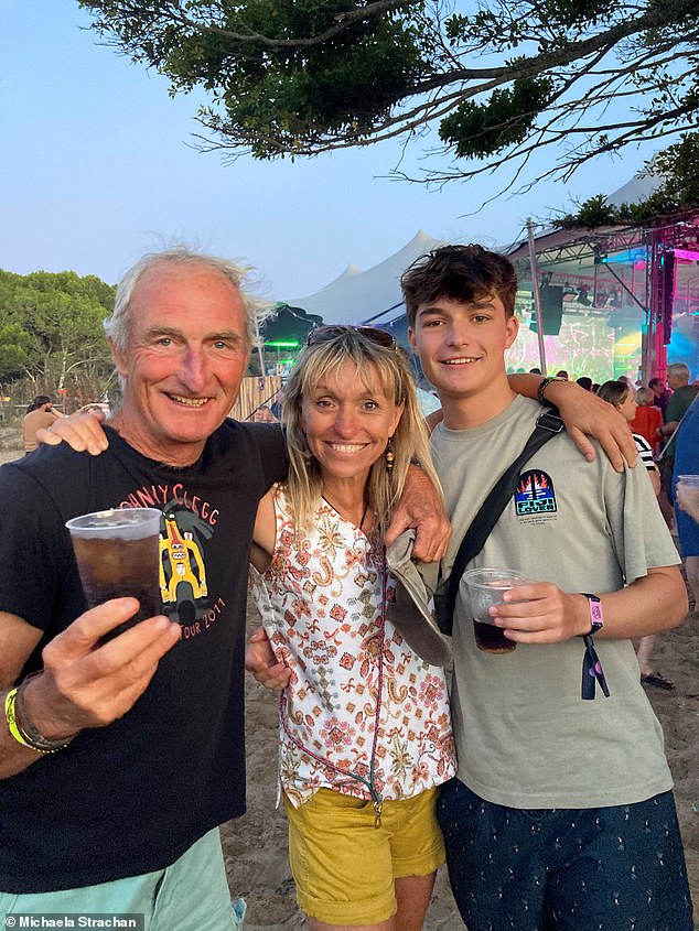 Michaela said, “You work so hard you forget lunch. We eat a banana and that's it. I'm on an endorphin rush right now' (pictured with Nick and their son Oliver)