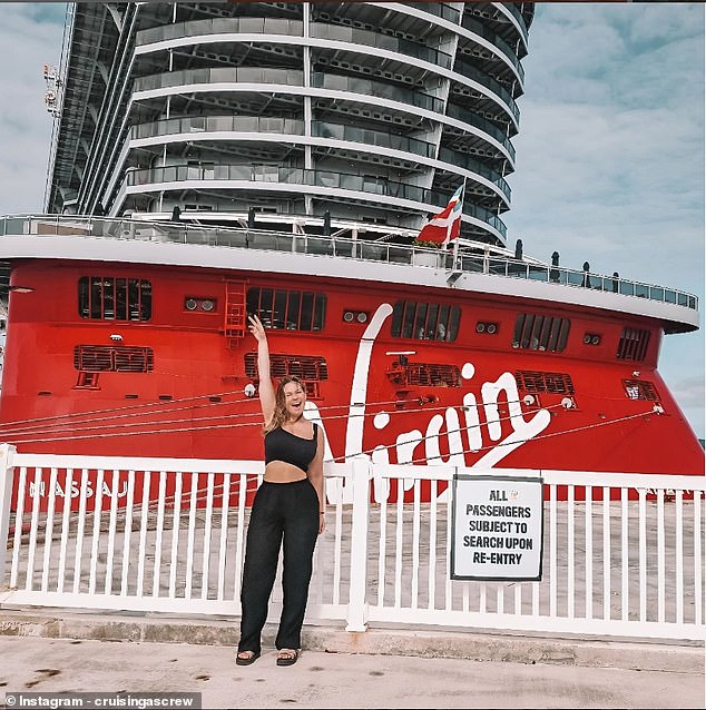 She has worked on cruise ships for ten years and regularly shares advice on how passengers and fellow crew members can get the most out of their experience. Pictured: Lucy cruising on Virgin Voyages