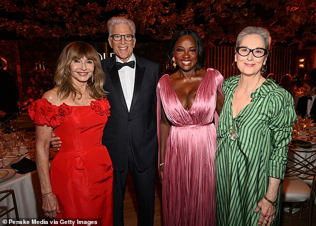 Meanwhile, The Devil Wears Prada stars' floating ensemble featured a V-neck and ruffles on the sleeves (L-R Mary Steenburgen, Ted Danson, Viola and Meryl)