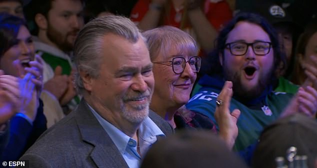 The show featured cameos from Kelce's wife, Kylie, and his parents Ed and Donna (above)