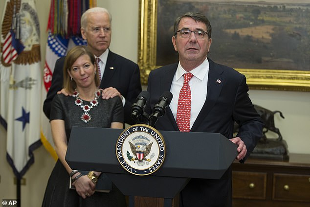 Former Secretary of Defense Ash Carter (right) will be honored posthumously on Saturday. Vice President Joe Biden (top left) went viral for rubbing Stephanie Carter's shoulders (bottom left) during Carter's swearing-in ceremony in 2015