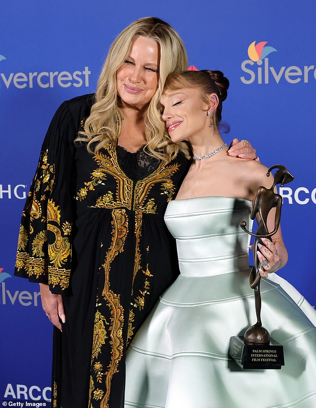 The singer and actress, 31, who received the award from Jennifer Coolidge, 63, (pictured) for her role in the 2024 film Wicked, joked about her child star past during her acceptance speech.