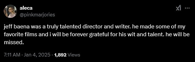 Another said, “I loved Jeff Baena's movies. The Little Hours was my favorite movie when I was 16 and figuring out my sexuality.