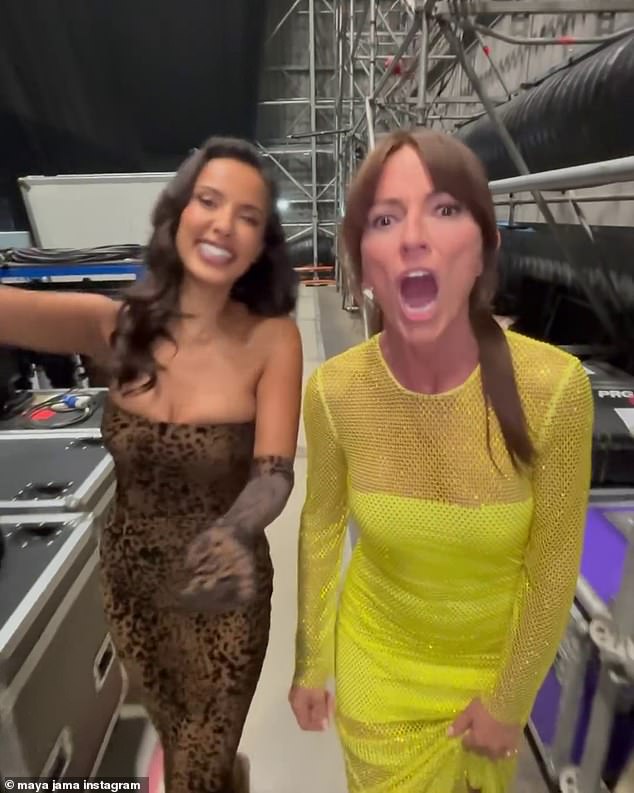 Meanwhile, Davina, 57, cut a glamorous figure in a neon yellow embellished dress as she and Maya walked around backstage