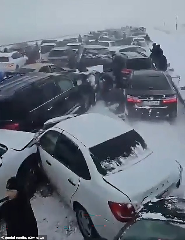 Images show road chaos in the Aqmola region after cars collided amid heavy snow, blizzards, poor visibility and ice