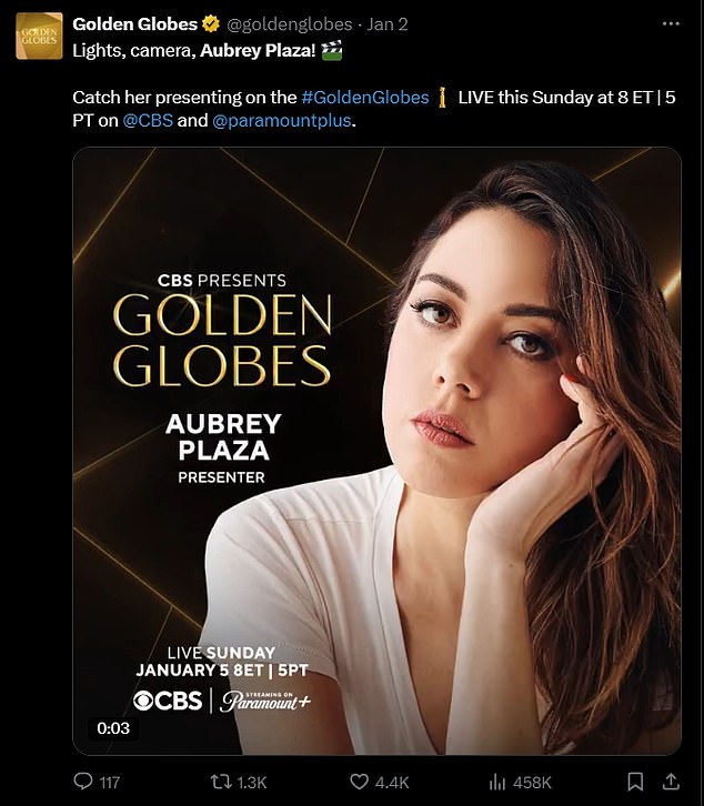 On Thursday, January 2, the Golden Globes' Instagram account shared a photo of Plaza telling fans to attend her presentation at the ceremony this weekend.