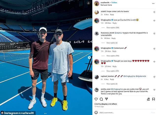 Hewitt, the son of Australian tennis great Lleyton, was given the chance to train with Sinner at Melbourne Park on Saturday - and Kyrgios was not impressed