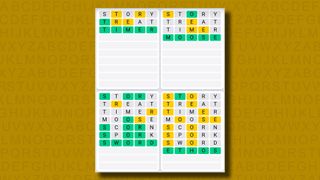 Quordle Daily Sequence answers for game 1077 on a yellow background