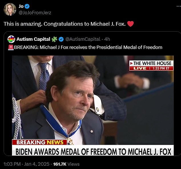 'This is great. Congratulations to Michael J. Fox,” one person tweeted, alongside a video of the emotional ceremony in which he received the U.S.'s highest civilian honor